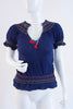 Vintage 70's Navy Embroidered Cotton Peasant Blouse