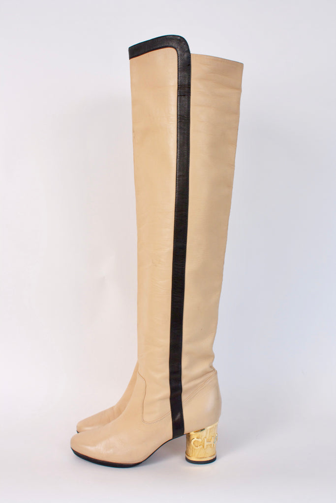 Vintage CHANEL Over The Knee Logo Boots at Rice and Beans Vintage