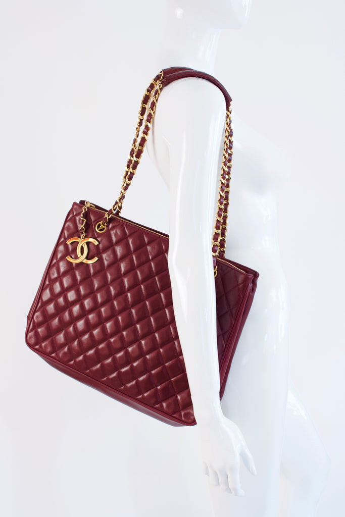 Vintage CHANEL Burgundy Lambskin Tote Bag at Rice and Beans Vintage