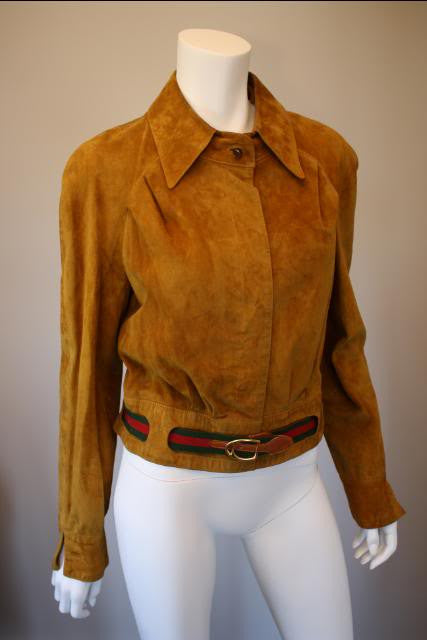 RARE Vintage 70's GUCCI Brown Deer Skin Suede Leather Jacket with Red/Green GUCCI Belt & Enamel Horse Shoe Button