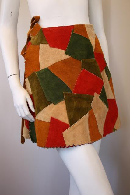 Vintage 70's Suede Patchwork Wrap Mini Skirt